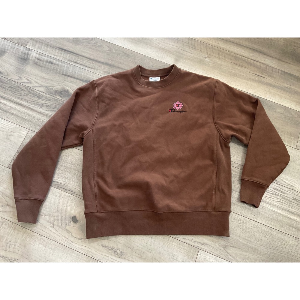 Champion Reverse Weave Brown Flower Logo Sweatshirt Mens Large Crewneck Pullover